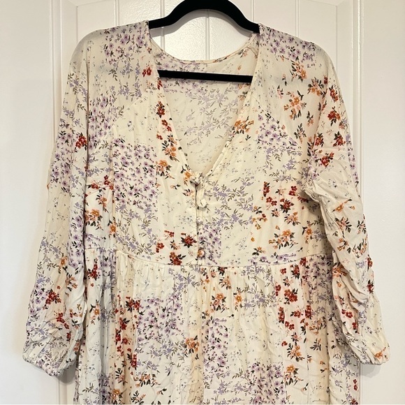 Super cute floral mini dress fully lined button bodice v-neck women's size L - Picture 2 of 8